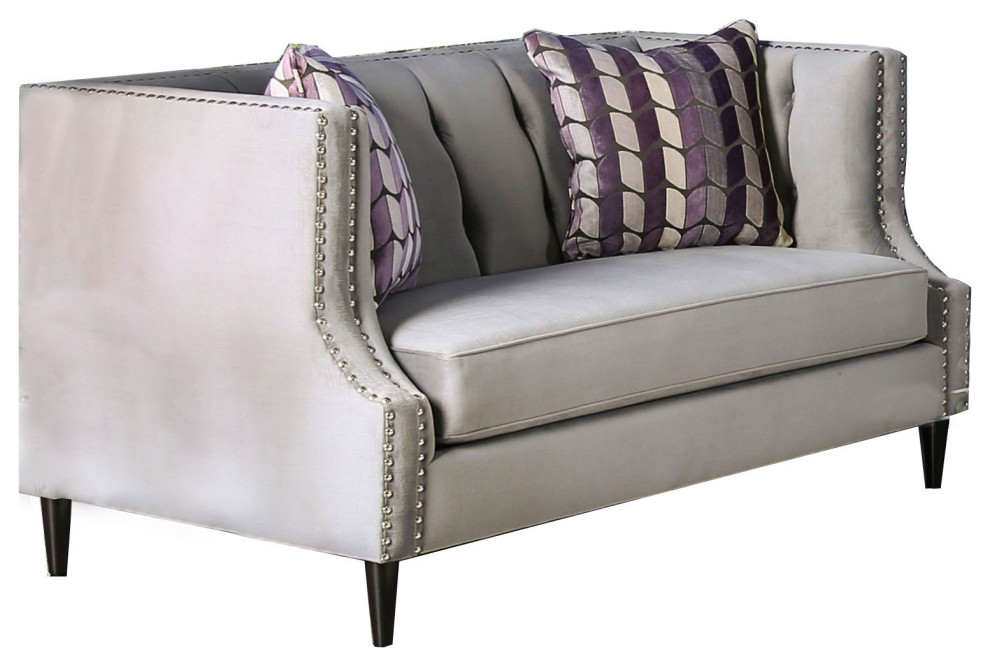 Tufted Wooden Loveseat With High Track Arms And Fabric Upholstery,Gray