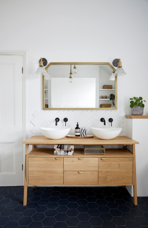 Double Vessel Sink Vanity with Blue Hexagon Tile Floor and Herringbone Backsplash