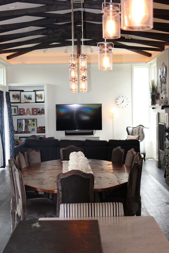 Mid-sized transitional great room photo in Cedar Rapids with white walls