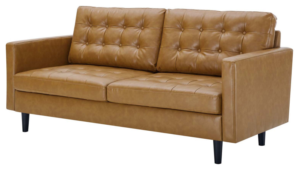 Tufted Sofa, Faux Vegan Leather, Tan, Modern, Living Lounge Hotel 