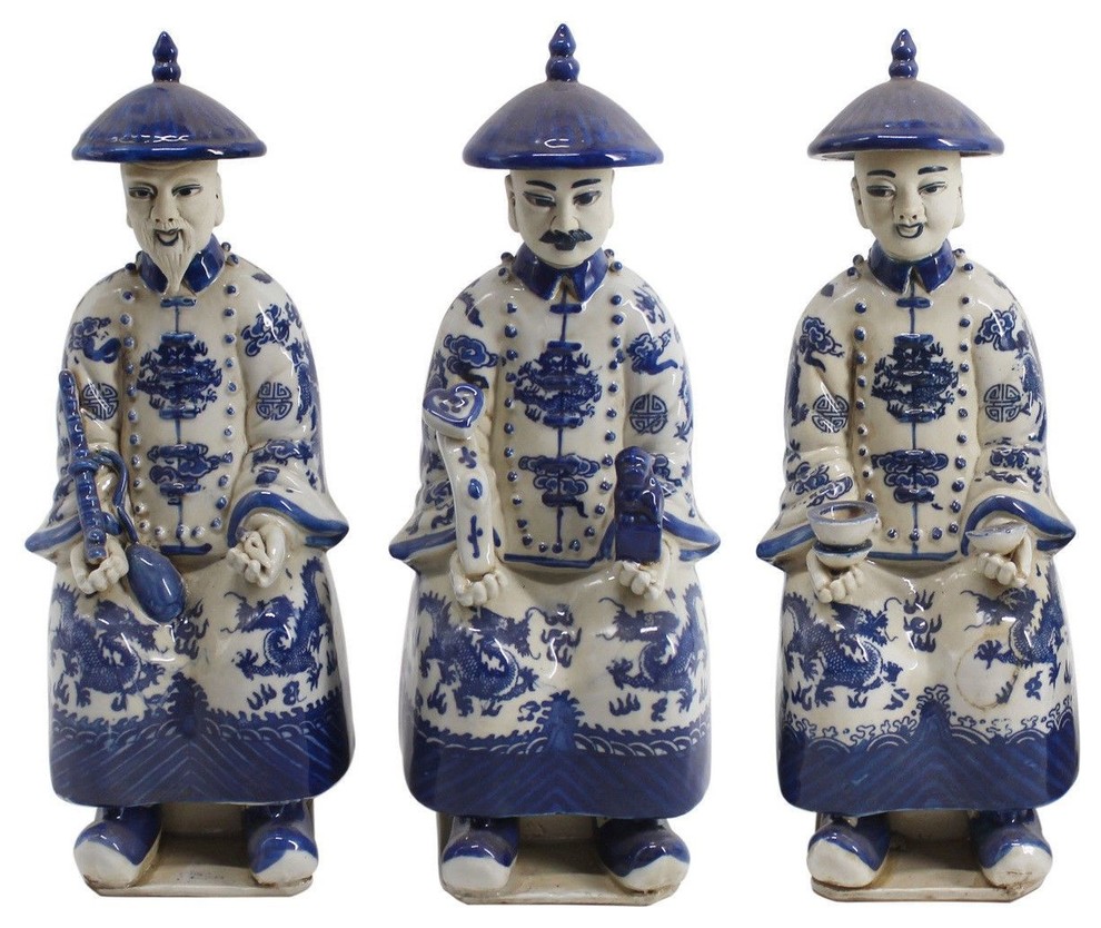 Porcelain Chinese Qing, Generations Emperor Statue, 11", 3-Piece Set