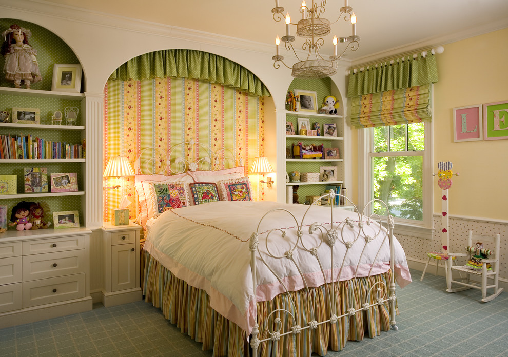 Photo of a large traditional kids' bedroom for girls in New York with carpet and multi-coloured walls.