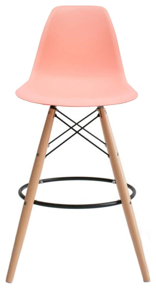 Modern Molded Pink Plastic Bar Stool with Natural Wood Eiffel Legs