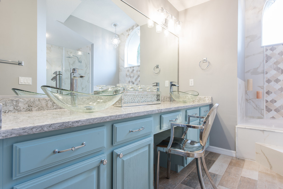 Large traditional master bathroom in Other with turquoise cabinets, a vessel sink, engineered quartz benchtops, a hinged shower door, an alcove tub, an alcove shower, mosaic tile and grey walls.