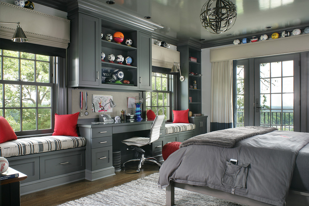 Inspiration for a large transitional kids' room for boys in New York with grey walls and dark hardwood floors.