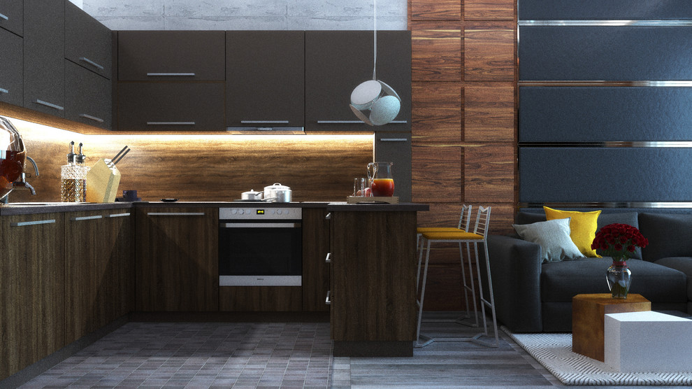 Строгая современная кухня-гостиная