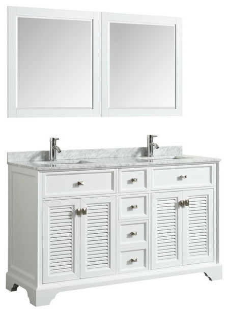 Aquamoon Boston Double Sink Modern Bathroom Vanity With Mirror, White, 60"