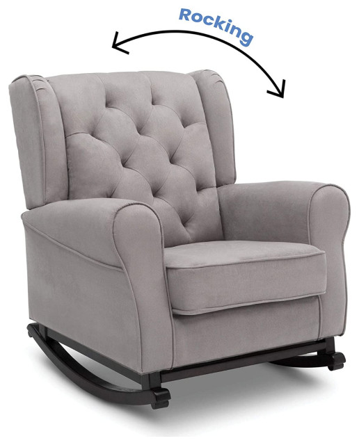 Dove Grey Upholstered Rocking Chair with Deep Tufted Back and Cushioned ...