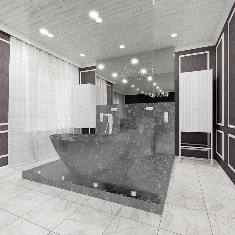 Freestanding bathtub - transitional master marble floor, white floor, shiplap ceiling and wall paneling freestanding bathtub idea in Philadelphia with purple walls