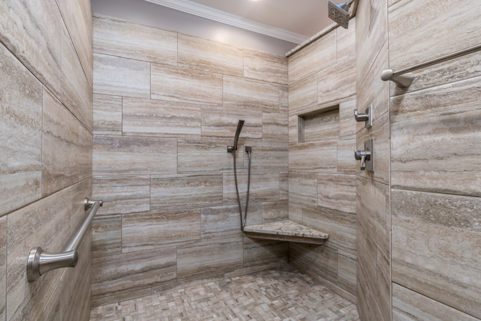 Inspiration for a large transitional master porcelain tile porcelain tile and double-sink corner shower remodel with raised-panel cabinets, gray cabinets, a two-piece toilet, beige walls, an undermount sink, granite countertops and a built-in vanity