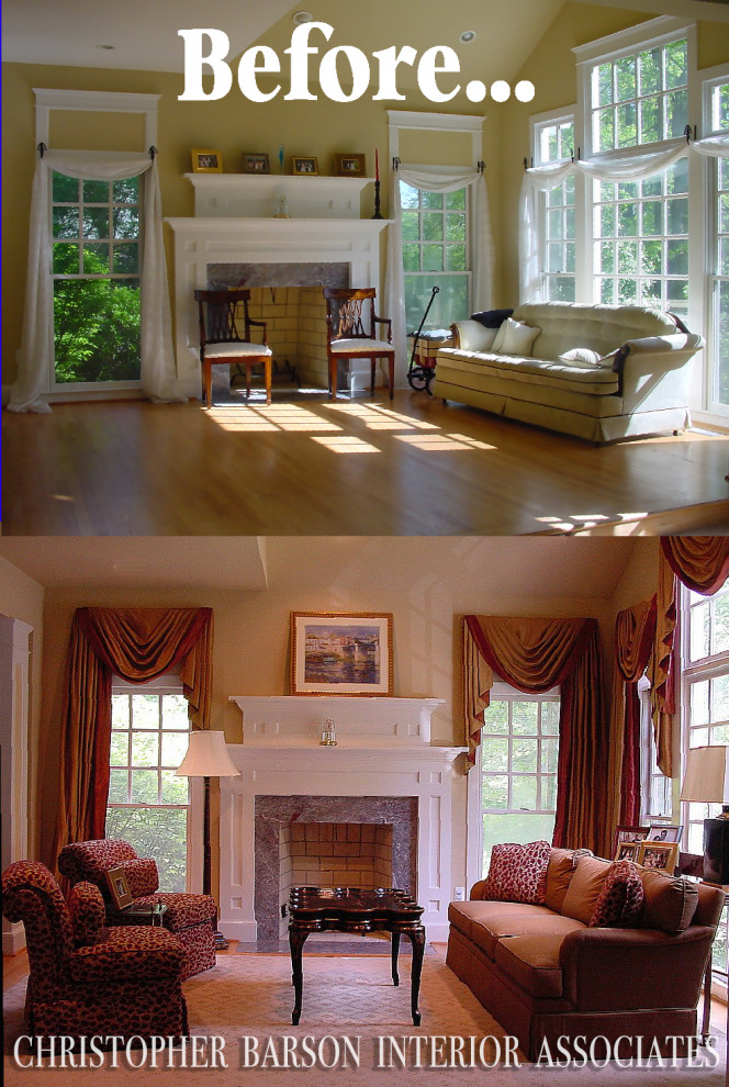 Пример оригинального дизайна: парадная, изолированная гостиная комната в классическом стиле с светлым паркетным полом, стандартным камином, фасадом камина из камня и сводчатым потолком