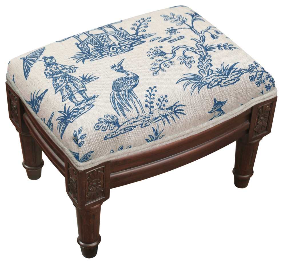 Cathay-Taupe, Linen Upholstered Footstool, Navy Blue