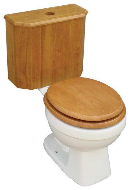 Round Toilet with Light Oak Wooden Tank and Bone Bowl