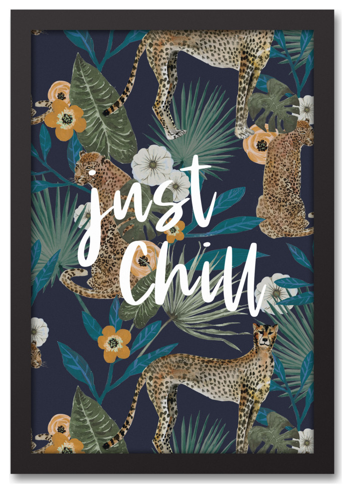 Just Chill Tropical Cheetah Navy 13.73x19.73 Black Framed Canvas