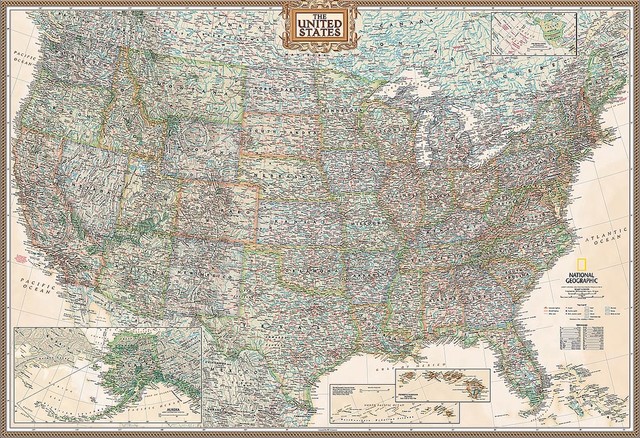 Executive United States of America (USA) Map Wall Mural, Self-Adhesive