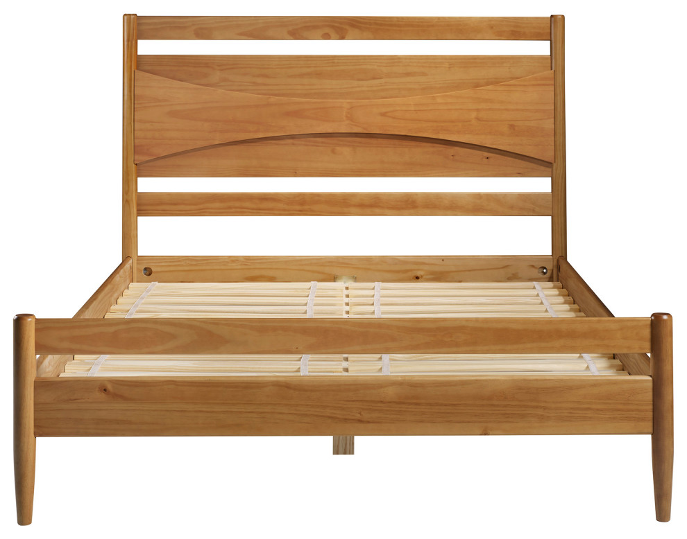Atticus Beveled Headboard Solid Wood Queen Bed, Caramel Midcentury Platform Beds by