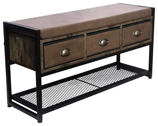 Industrial Storage Bench, Lower Mesh Shelf and 3 Drawers With Faux