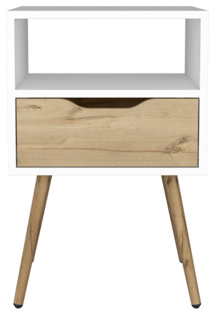 Allie Nightstand with Superior Top, Open Shelf, and Drawer, White/ Light Oak