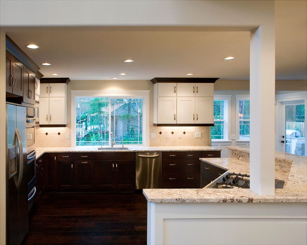 Example of a transitional kitchen design in Seattle