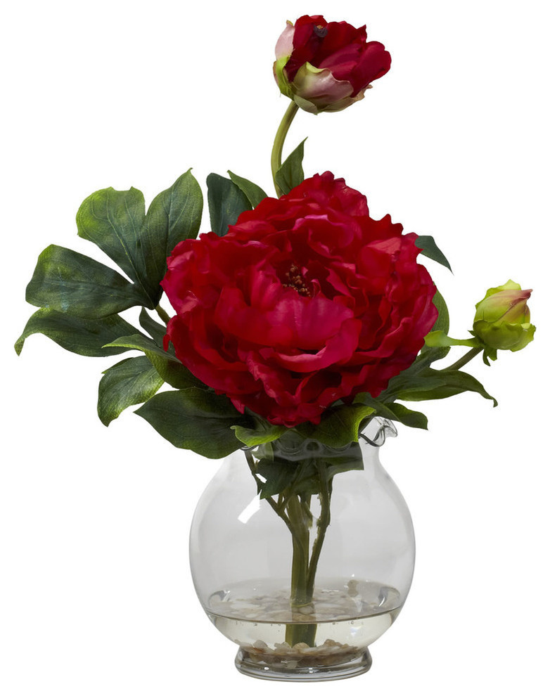 Peony With Fluted Vase Silk Flower Arrangement Red Traditional
