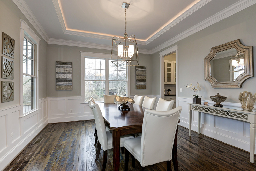 Inspiration for a mid-sized arts and crafts separate dining room in DC Metro with grey walls and dark hardwood floors.