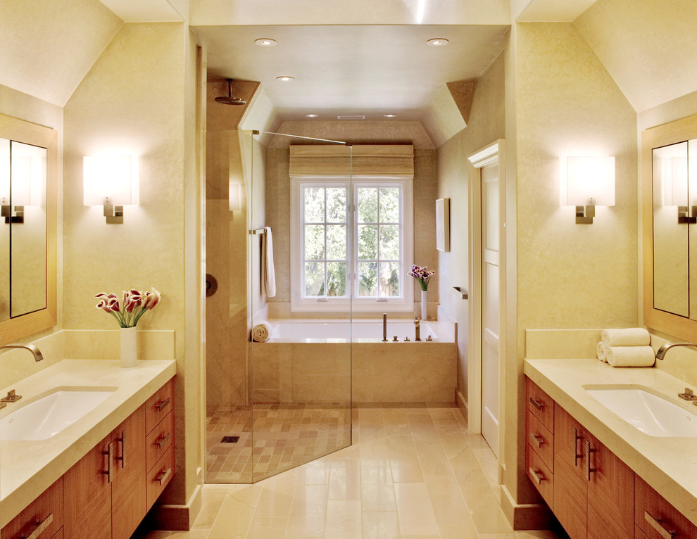 Mid-sized transitional master bathroom in San Francisco with an undermount sink, flat-panel cabinets, medium wood cabinets, an alcove tub, a curbless shower and beige walls.