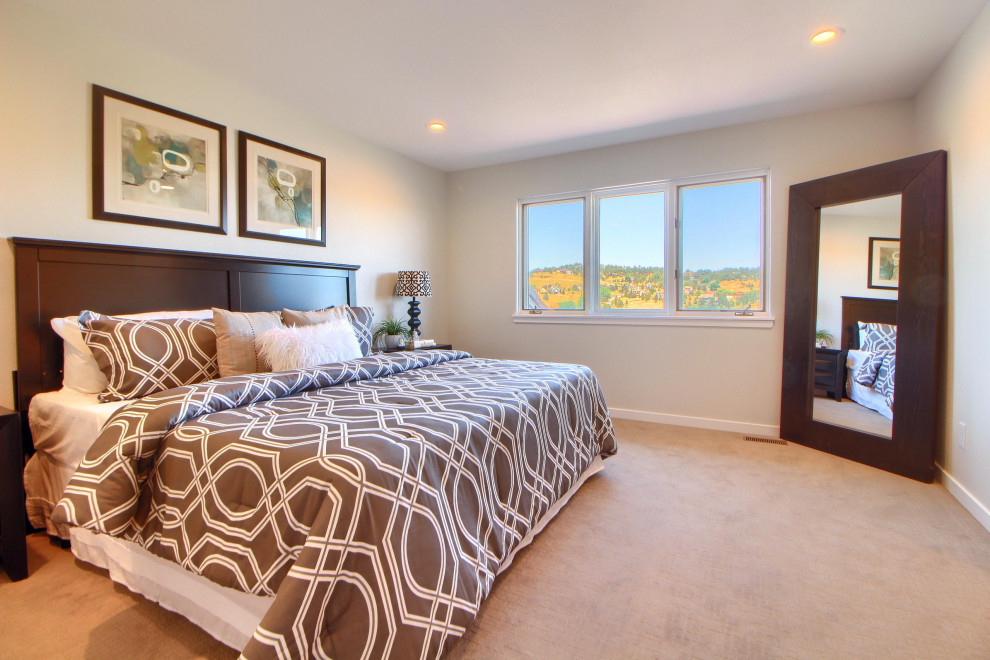 Example of a mid-sized trendy master carpeted bedroom design in Santa Barbara with white walls and no fireplace