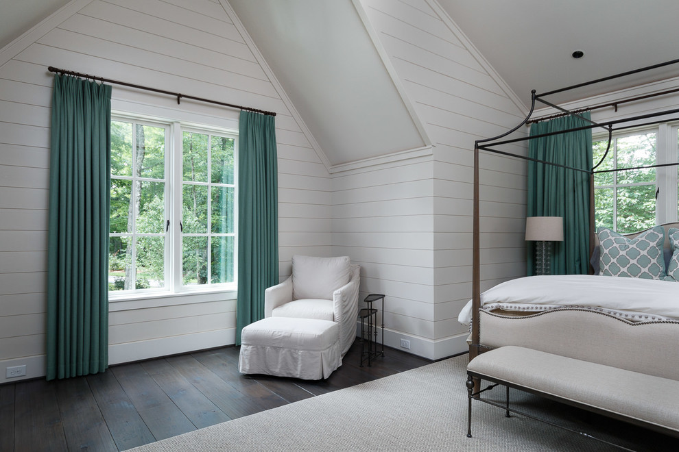 Inspiration for a mid-sized master bedroom in Charlotte with white walls, dark hardwood floors and no fireplace.
