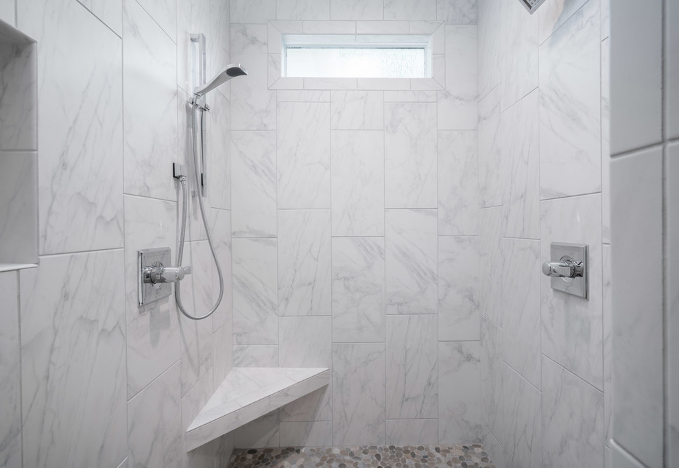 Large transitional master bathroom in Other with shaker cabinets, white cabinets, a freestanding tub, an alcove shower, a two-piece toilet, gray tile, marble, grey walls, marble floors, an undermount sink, marble benchtops, grey floor and an open shower.