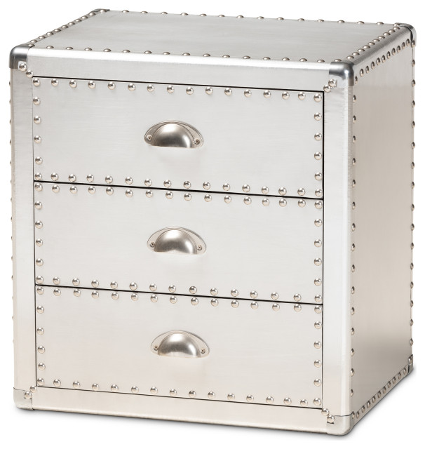 Hempstead French Industrial Silver Metal 3 Drawer Nightstand Industrial Nightstands And Bedside Tables By Baxton Studio