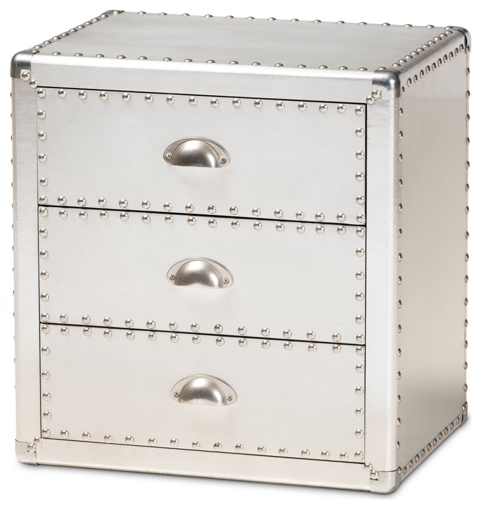 Hempstead French Industrial Silver Metal 3 Drawer Nightstand Industrial Nightstands And Bedside Tables By Baxton Studio