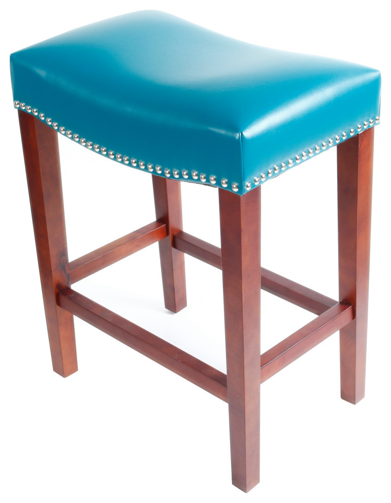 Blue Leather Barstools, Set of 2 Contemporary Bar Stools And