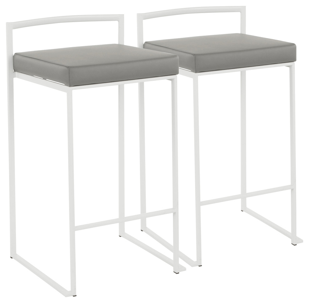 Lumisource Fuji Counter Stools, White With Gray PU Leather, Set of 2