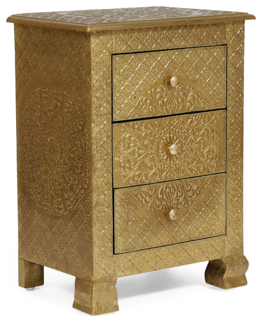 Unique Nightstand, Mango Wood Frame With Patterned Brass Cover, 3