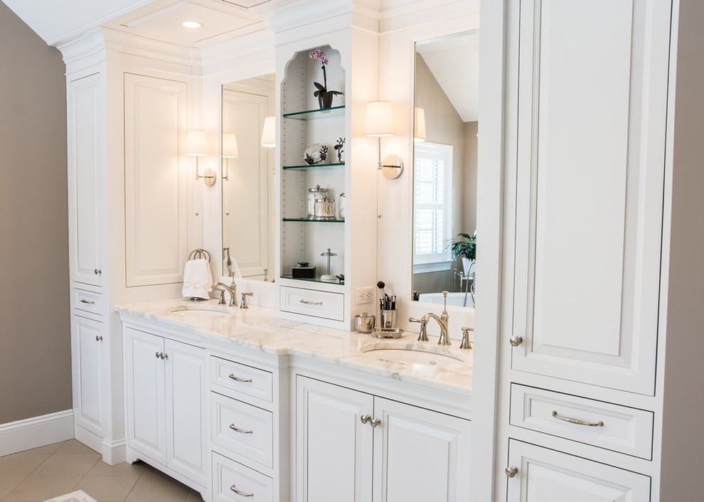 Inspiration for a large country master bathroom in Other with beaded inset cabinets, white cabinets, a freestanding tub, a corner shower, beige walls, ceramic floors, a drop-in sink and granite benchtops.