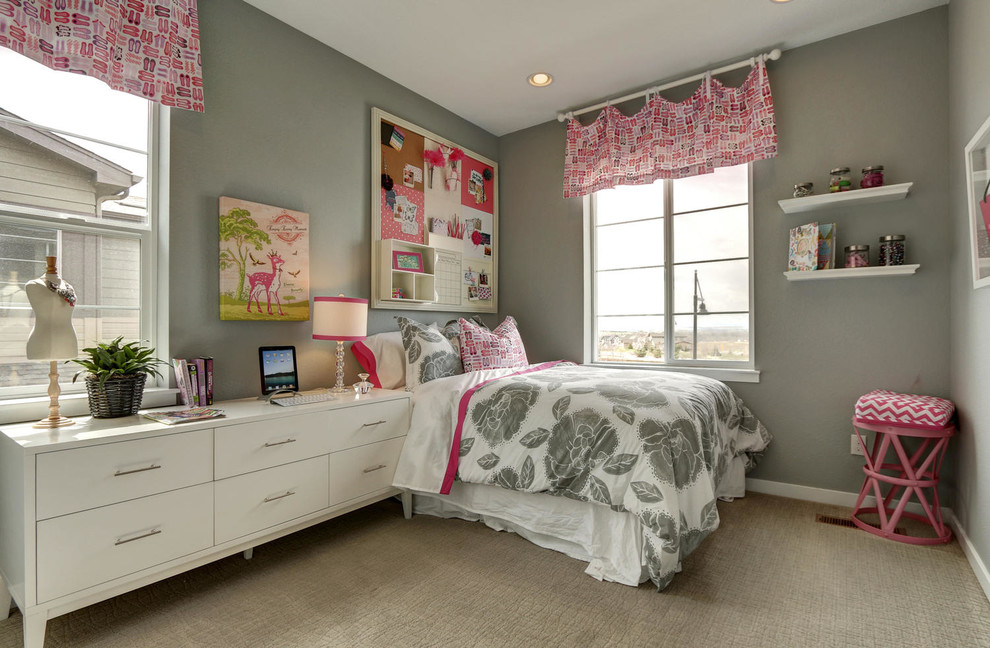 Mid-sized and bedroom transitional guest and girl carpeted kids' bedroom photo in Denver with gray walls and no fireplace