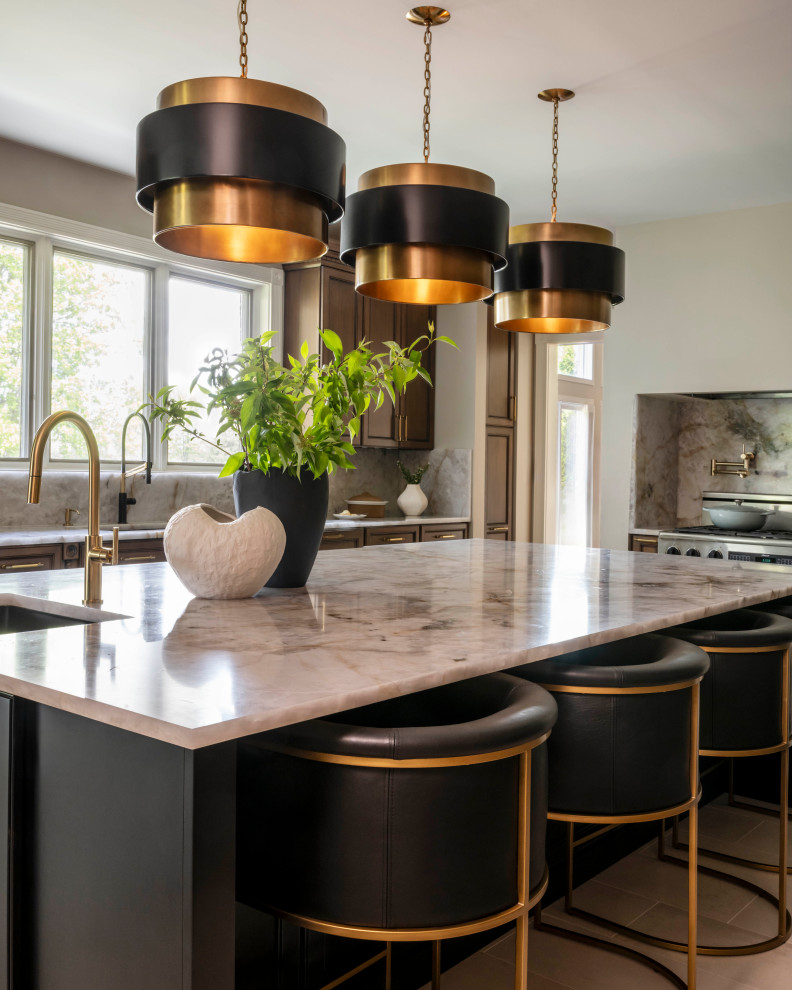 Eat-in kitchen - large transitional porcelain tile eat-in kitchen idea in Chicago with an undermount sink, medium tone wood cabinets, quartzite countertops and multicolored countertops