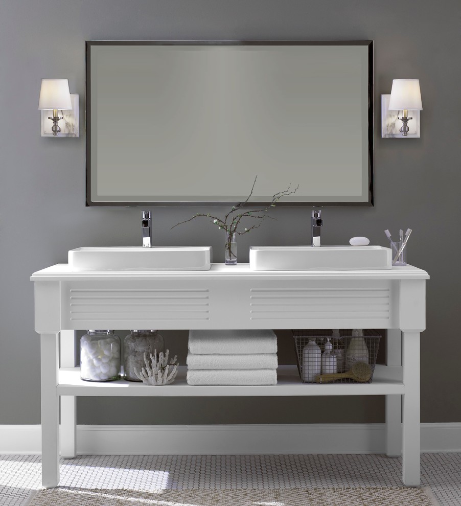 Inspiration for a mid-sized contemporary master bathroom in New York with furniture-like cabinets, grey walls, a vessel sink and white floor.
