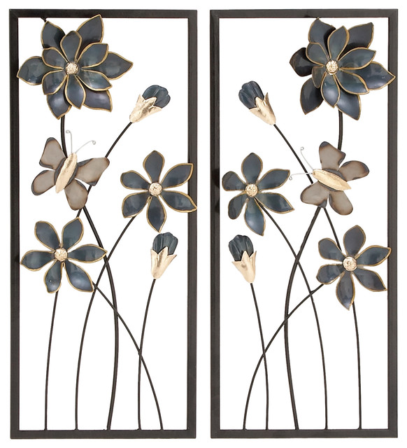 Set of 2 Black Metal Traditional Floral Wall Decor, 12"x28