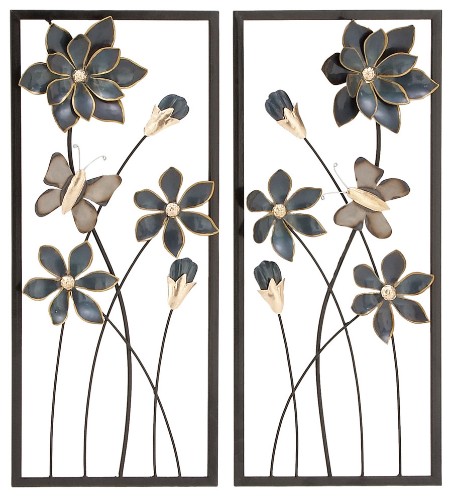 Set of 2 Black Metal Traditional Floral Wall Decor, 12"x28