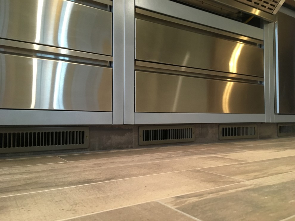 Large transitional porcelain tile home design photo with no fireplace and a standard ceiling