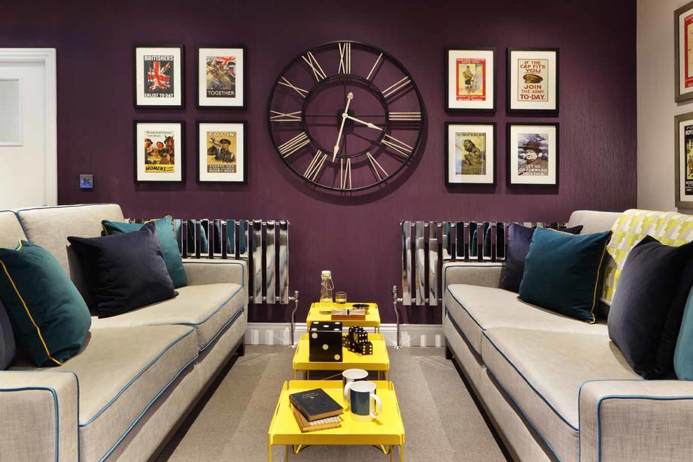 Design ideas for a mid-sized contemporary enclosed living room in London with purple walls.