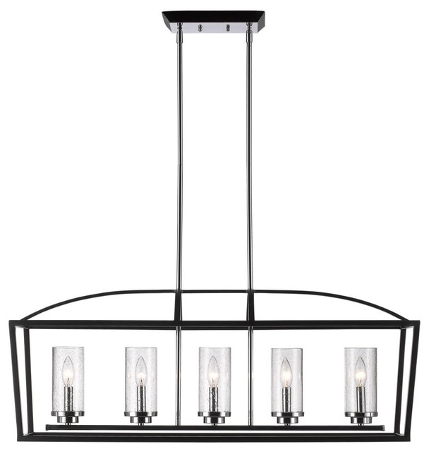 5-Light Linear Black Pendant With Seeded Glass
