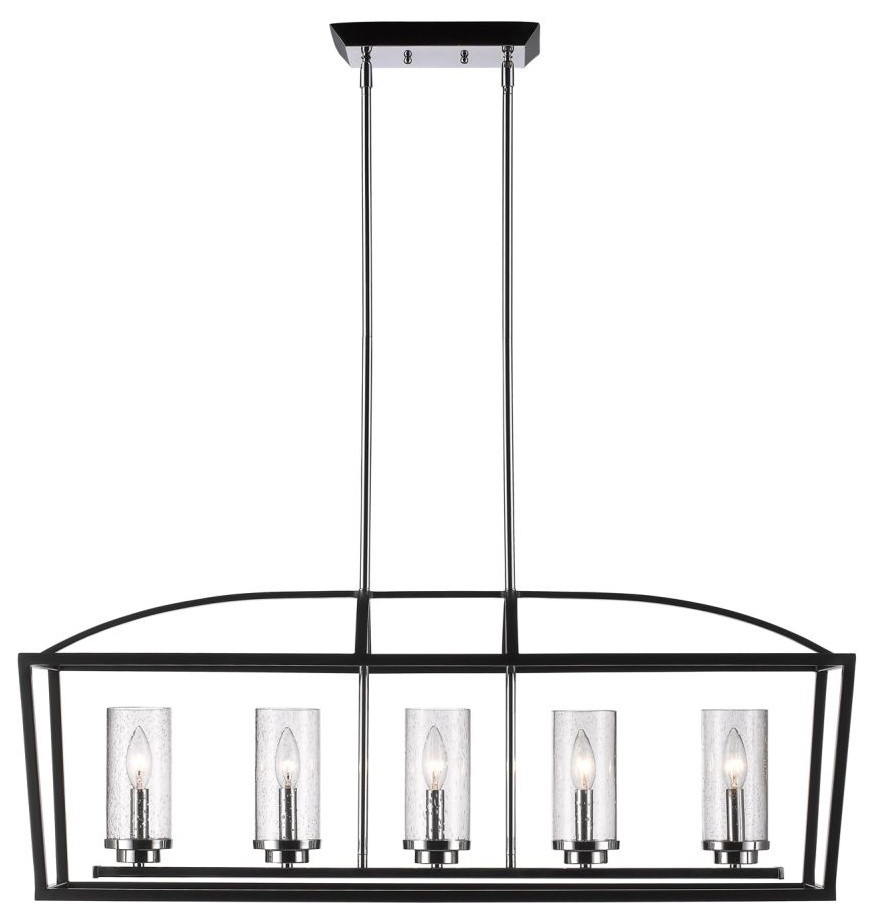 5-Light Linear Black Pendant With Seeded Glass