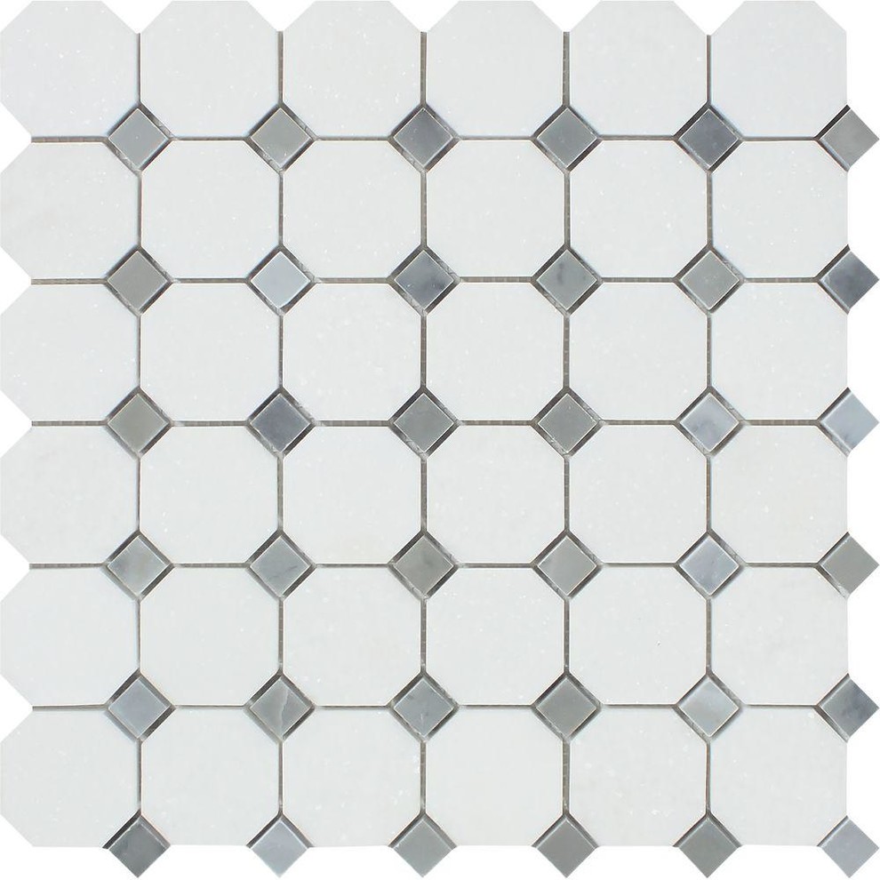 Thassos Polished Marble Octagon Mosaic With Blue-Gray Dots