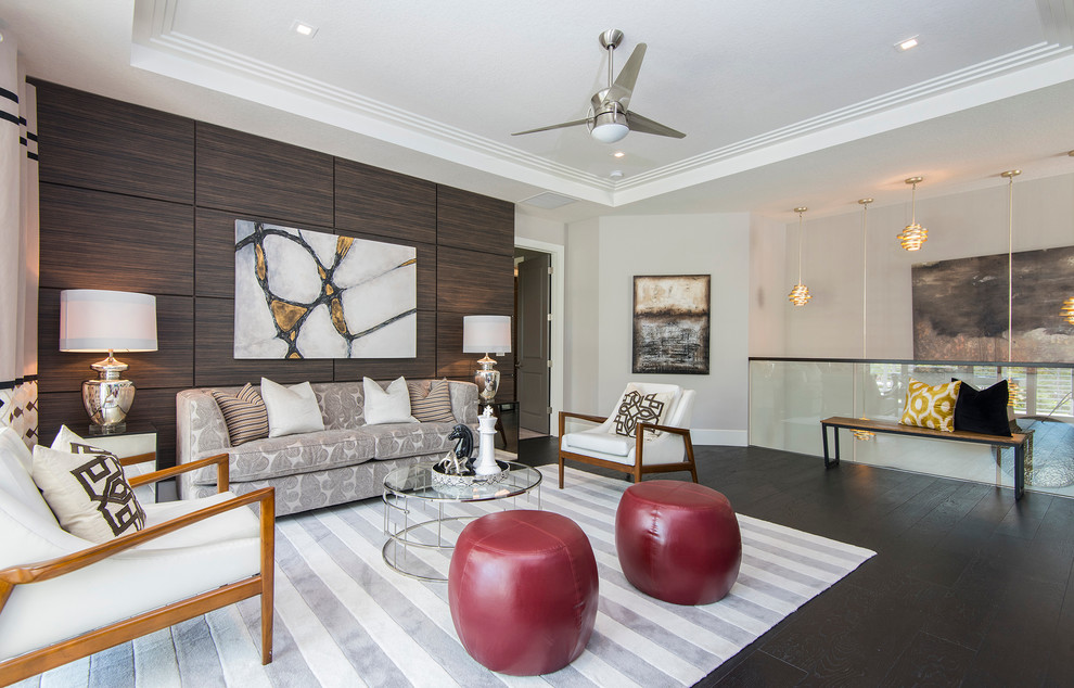 Alton - Edge B Model Loft - This "adult friendly" bonus room, which is open to stairs, features modern, mid-century influenced furnishings, and a spectacular exotic wood wall panel detail.