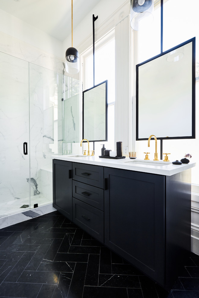 Inspiration for a mid-sized traditional master bathroom in San Francisco with shaker cabinets, black cabinets, an alcove shower, a one-piece toilet, white tile, porcelain tile, white walls, marble floors, an undermount sink, engineered quartz benchtops, black floor, a shower curtain and white benchtops.