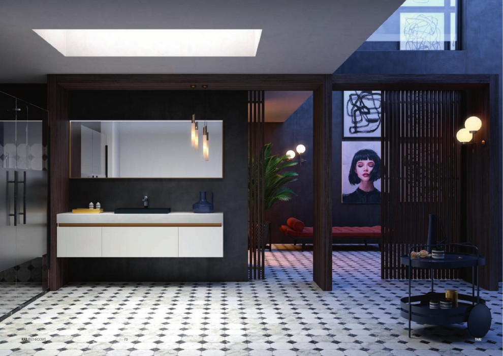 На фото: туалет в стиле модернизм с белыми фасадами и подвесной тумбой