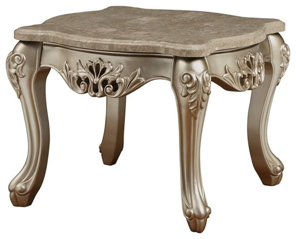 Marble Top Wooden End Table With Queen Anne Style Legs, Champagne Gold