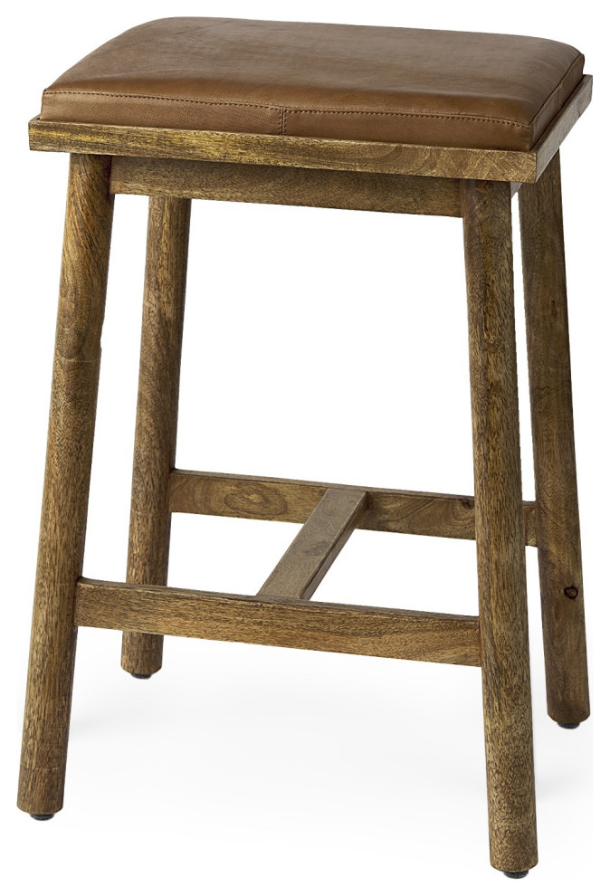 26" Cognac Brown Faux Leather Counter Stool Transitional Bar Stools